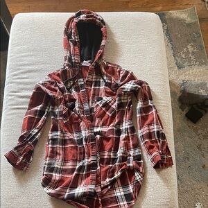 No Boundaries Y2K Alternative Blood Red Plaid Hooded Flannel Button Up Hoodie